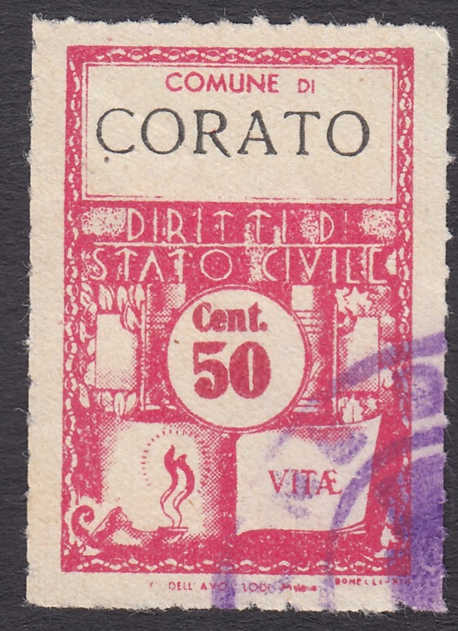 Marca da Bollo del Comune di CORATO su Carta Bianca Sottile di dimensioni 21,5 x 31,5 mm