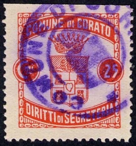 Marca da Bollo del Comune di CORATO su Carta Bianca di dimensioni 25,5 x 26 mm