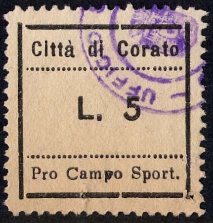 Marca da Bollo del Comune di CORATO su Carta Bianca di dimensioni 23,5 x 24 mm