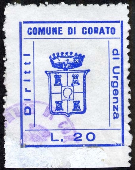 Marca da Bollo del Comune di CORATO su Carta Bianca Sottile di dimensioni 23,5 x 28,5 mm