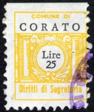 Marca da Bollo del Comune di CORATO su Carta Bianca di dimensioni 16,5 X 20 mm