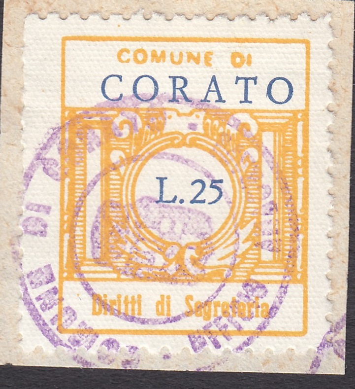 Marca da Bollo del Comune di CORATO su Carta Bianca di dimensioni 21 x 25,5 mm