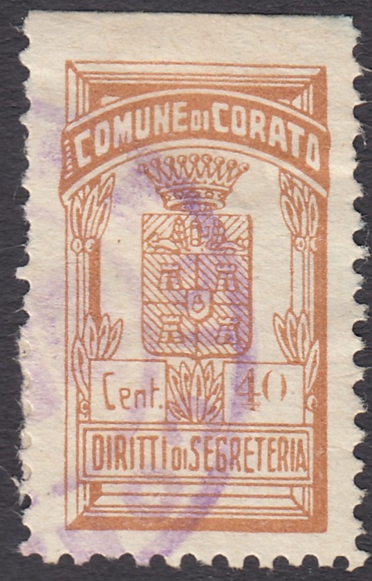 Marca da Bollo del Comune di CORATO su Carta Bianca di dimensioni 18 x 26,5 mm