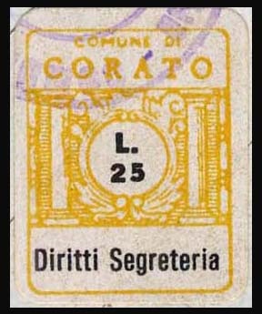 Marca da Bollo del Comune di CORATO su Carta Bianca di dimensioni 15,5 x 20,5 mm