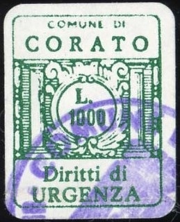 Marca da Bollo del Comune di CORATO su Carta Bianca di dimensioni 15,5 x 20 mm