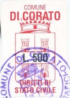 Marca da Bollo del Comune di CORATO su Carta Bianca di dimensioni 20 x 28 mm
