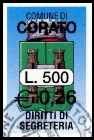 Marca da Bollo del Comune di CORATO su Carta Bianca di dimensioni 18,5 x 30 mm