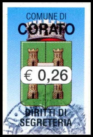 Marca da Bollo del Comune di CORATO su Carta Bianca di dimensioni 18,5 x 30 mm
