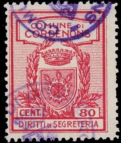 Marca da Bollo del Comune di CORDENONS su Carta Bianca di dimensioni 11 x 22,5 mm