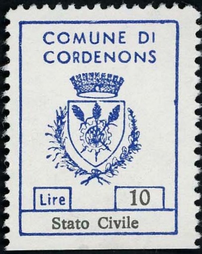 Marca da Bollo del Comune di CORDENONS su Carta Bianca di dimensioni 22 x 29,5 mm