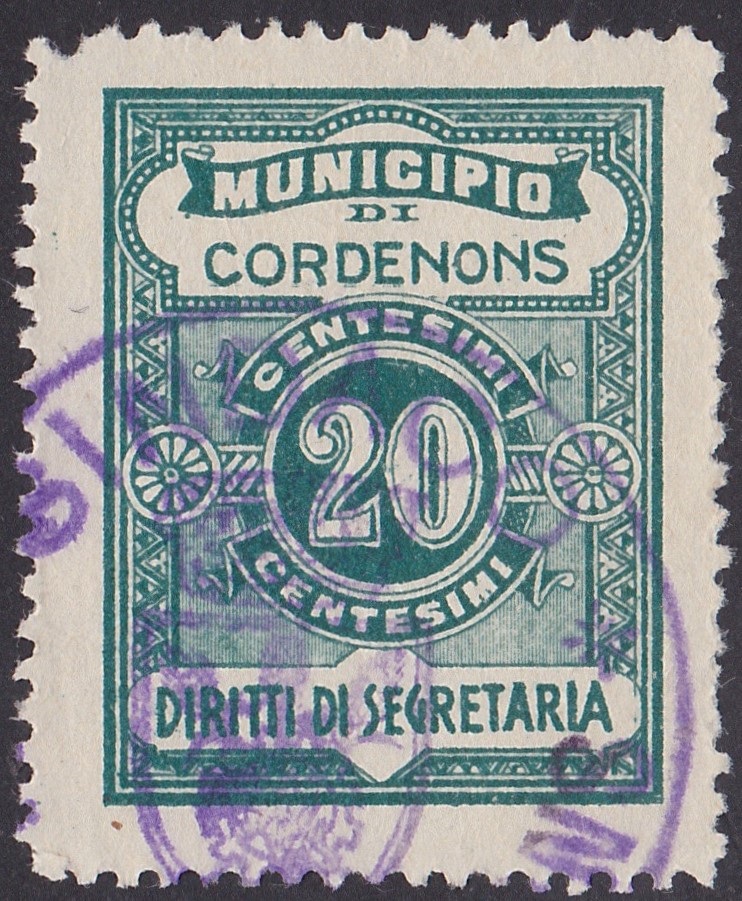 Marca da Bollo del Comune di CORDENONS su Carta Bianca di dimensioni 22,5 x 29 mm