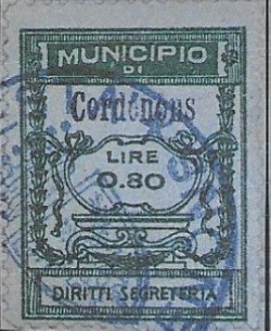 Marca da Bollo del Comune di CORDENONS su Carta Bianca di dimensioni 24 x 31 mm