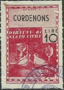 Marca da Bollo del Comune di CORDENONS su Carta Bianca di dimensioni 21,5 x 32 mm