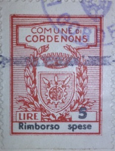 Marca da Bollo del Comune di CORDENONS su Carta Bianca di dimensioni 22 x 29,5 mm