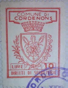 Marca da Bollo del Comune di CORDENONS su Carta Bianca di dimensioni 22 x 29,5 mm