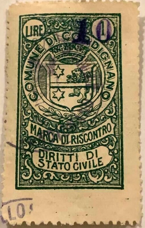Marca da Bollo del Comune di CORDIGNANO su Carta Bianca di dimensioni mm