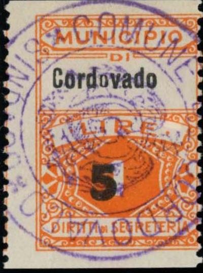 Marca da Bollo del Comune di CORDOVADO su Carta Bianca di dimensioni 22,5 x 29 mm