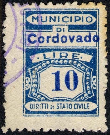 Marca da Bollo del Comune di CORDOVADO su Carta Bianca di dimensioni 21,5 x 31 mm
