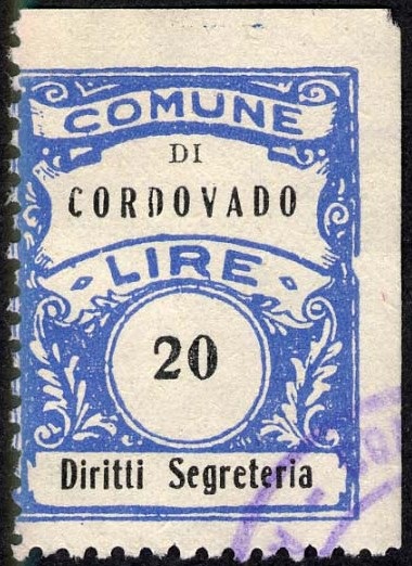 Marca da Bollo del Comune di CORDOVADO su Carta Bianca Sottile di dimensioni 22 x 29,5 mm