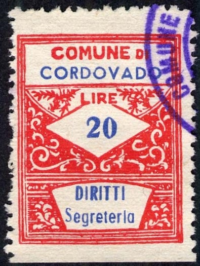 Marca da Bollo del Comune di CORDOVADO su Carta Bianca Sottile di dimensioni 22,5 x 29 mm