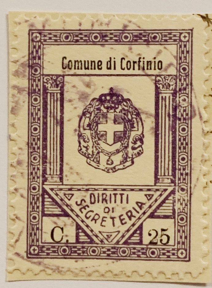 Marca da Bollo del Comune di CORFINIO su Carta Bianca Sottile di dimensioni 23 X 33 mm