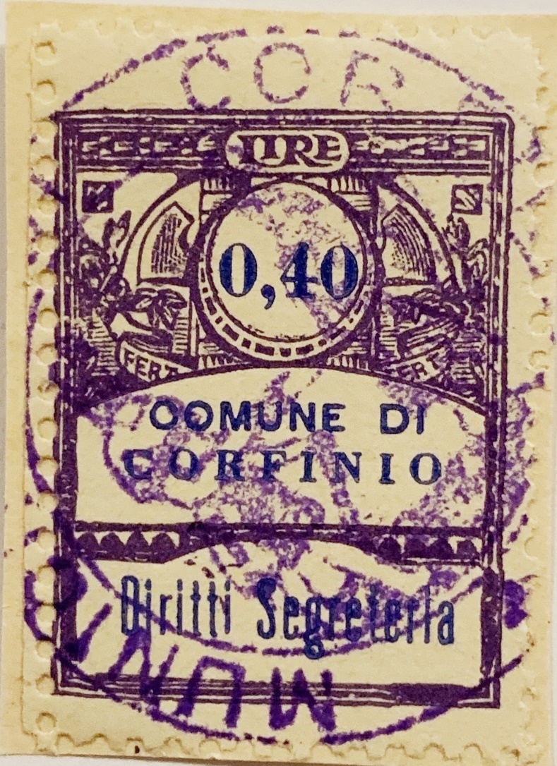 Marca da Bollo del Comune di CORFINIO su Carta Bianca Sottile di dimensioni 23 X 30 mm