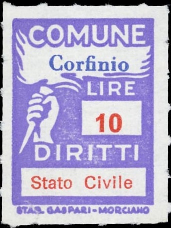 Marca da Bollo del Comune di CORFINIO su Carta Bianca Sottile di dimensioni 18,5 x 26 mm
