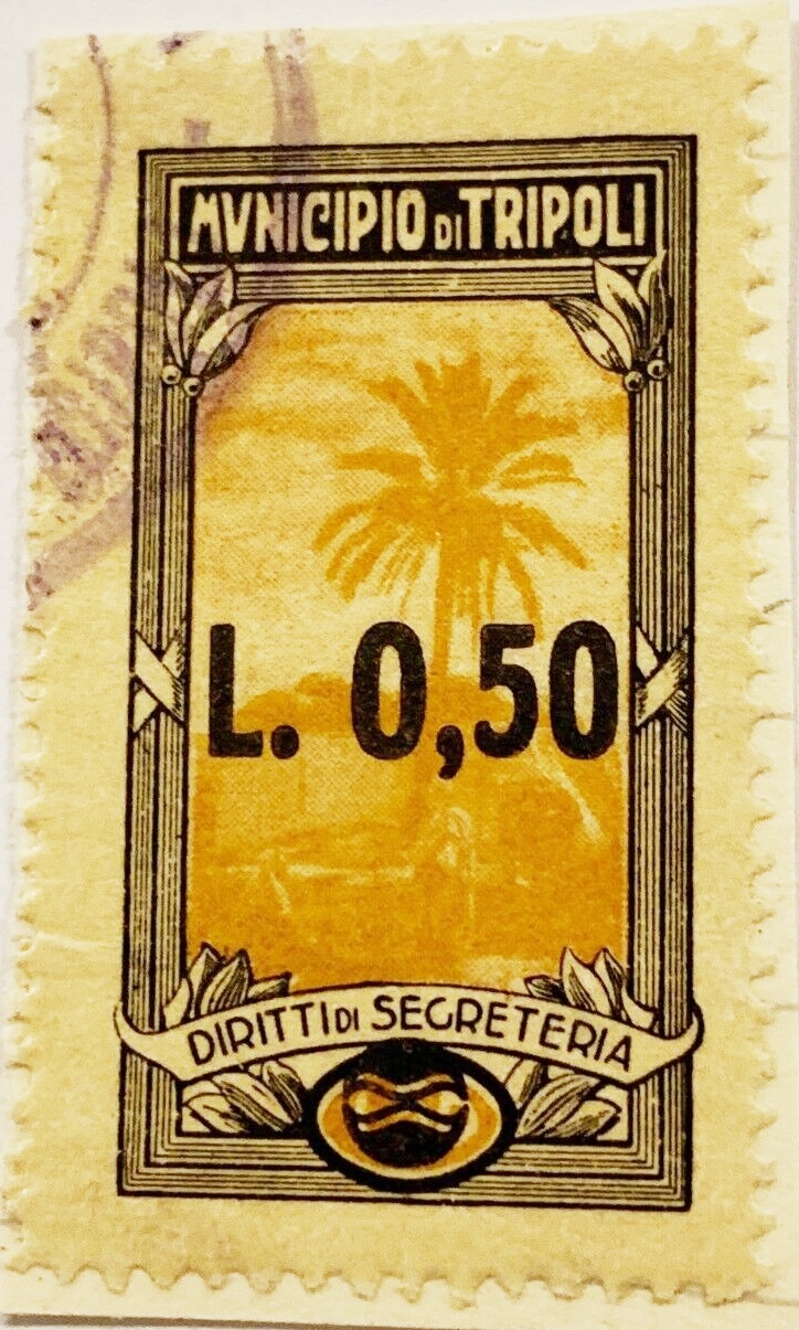 Marca da Bollo del Comune di TRIPOLI su Carta Bianca di dimensioni 21 X 41 mm