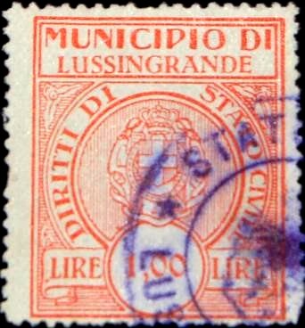 Marca da Bollo del Comune di LUSSINGRANDE su Carta Bianca Sottile di dimensioni 25,5 x 30,5 mm