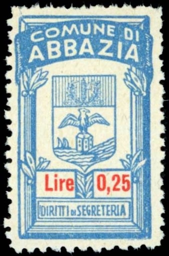 Marca da Bollo del Comune di ABBAZIA su Carta Bianca di dimensioni 18 X 30 mm