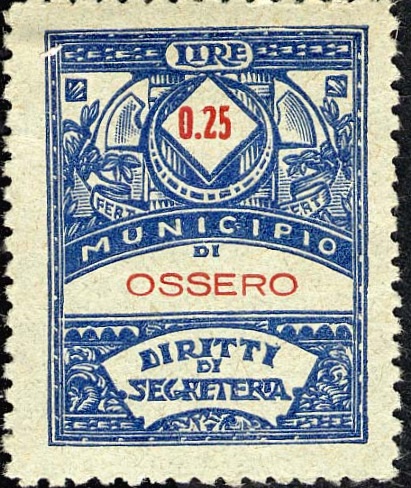Marca da Bollo del Comune di OSSERO su Carta Bianca di dimensioni 22 x 28,5 mm