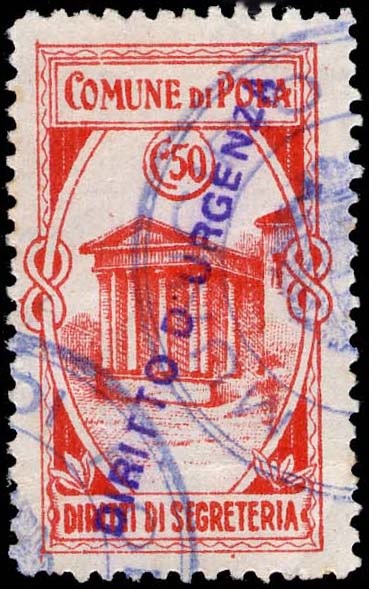 Marca da Bollo del Comune di POLA su Carta Bianca Sottile di dimensioni 19,5 x 36 mm