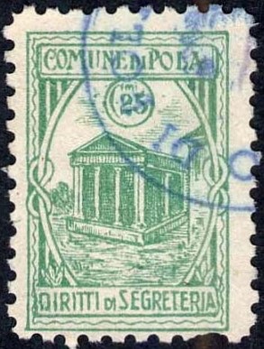 Marca da Bollo del Comune di POLA su Carta Bianca Sottile di dimensioni 15,5 x 23 mm