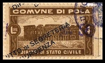 Marca da Bollo del Comune di POLA su Carta Bianca di dimensioni 21,5 x 21,5 mm