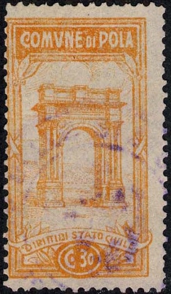 Marca da Bollo del Comune di POLA su Carta Bianca di dimensioni 20 x 37,5 mm