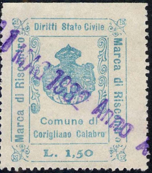 Marca da Bollo del Comune di CORIGLIANO CALABRO su Carta Bianca Sottile di dimensioni 27 x 33 mm