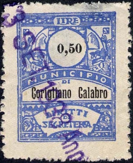 Marca da Bollo del Comune di CORIGLIANO CALABRO su Carta Bianca Sottile di dimensioni 21,5 x 28 mm