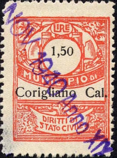 Marca da Bollo del Comune di CORIGLIANO CALABRO su Carta Bianca Sottile di dimensioni 21,5 x 28 mm