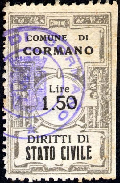 Marca da Bollo del Comune di CORMANO su Carta Bianca Sottile di dimensioni 22 x 35 mm