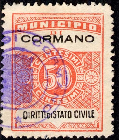 Marca da Bollo del Comune di CORMANO su Carta Bianca Sottile di dimensioni 22,5 x 29 mm