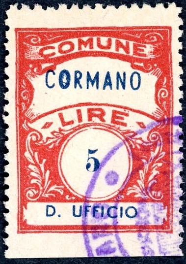 Marca da Bollo del Comune di CORMANO su Carta Bianca di dimensioni 22,5 x 29 mm