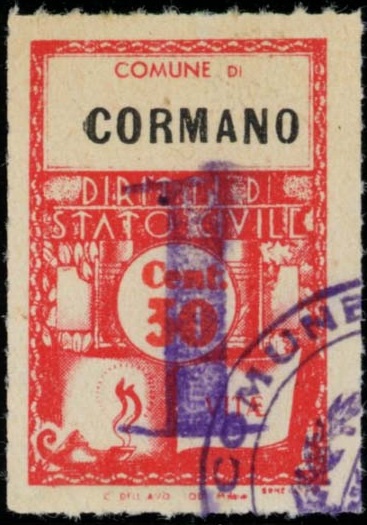 Marca da Bollo del Comune di CORMANO su Carta Bianca Sottile di dimensioni 21 X 32 mm
