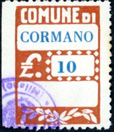 Marca da Bollo del Comune di CORMANO su Carta Bianca Sottile di dimensioni 20 x 28 mm