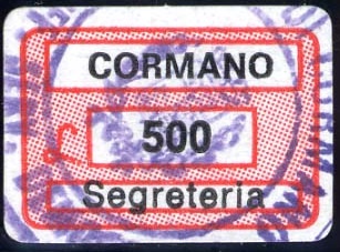 Marca da Bollo del Comune di CORMANO su Carta Bianca di dimensioni 19 x 12,5 mm