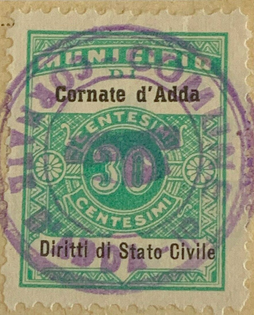 Marca da Bollo del Comune di CORNATE D´ADDA su Carta Bianca Sottile di dimensioni 22,5 x 29 mm