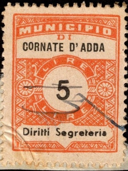 Marca da Bollo del Comune di CORNATE D´ADDA su Carta Bianca Sottile di dimensioni 22,5 x 29 mm