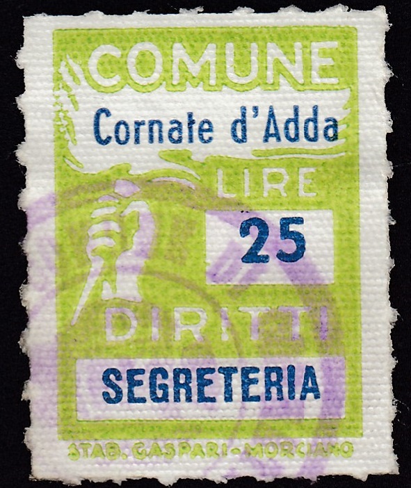 Marca da Bollo del Comune di CORNATE D´ADDA su Carta Bianca di dimensioni 18,5 x 20 mm