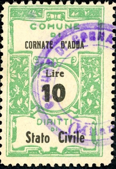 Marca da Bollo del Comune di CORNATE D´ADDA su Carta Bianca di dimensioni 22,5 x 35,5 mm