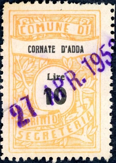 Marca da Bollo del Comune di CORNATE D´ADDA su Carta Bianca di dimensioni 22,5 x 35 mm