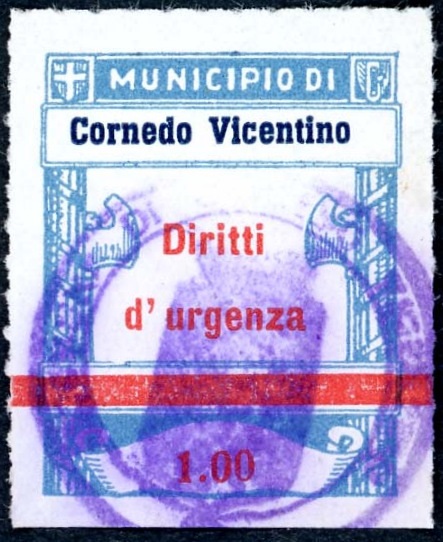 Marca da Bollo del Comune di CORNEDO VICENTINO su Carta Bianca di dimensioni 22 x 27 mm